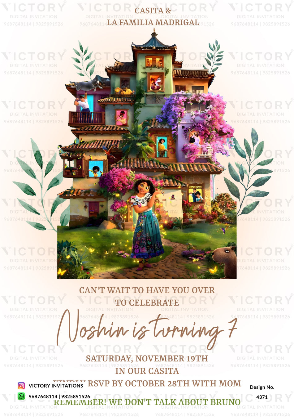 Birthday party invitation card for girl in english language with leaves, butterfly, house as barbie theme design 4371