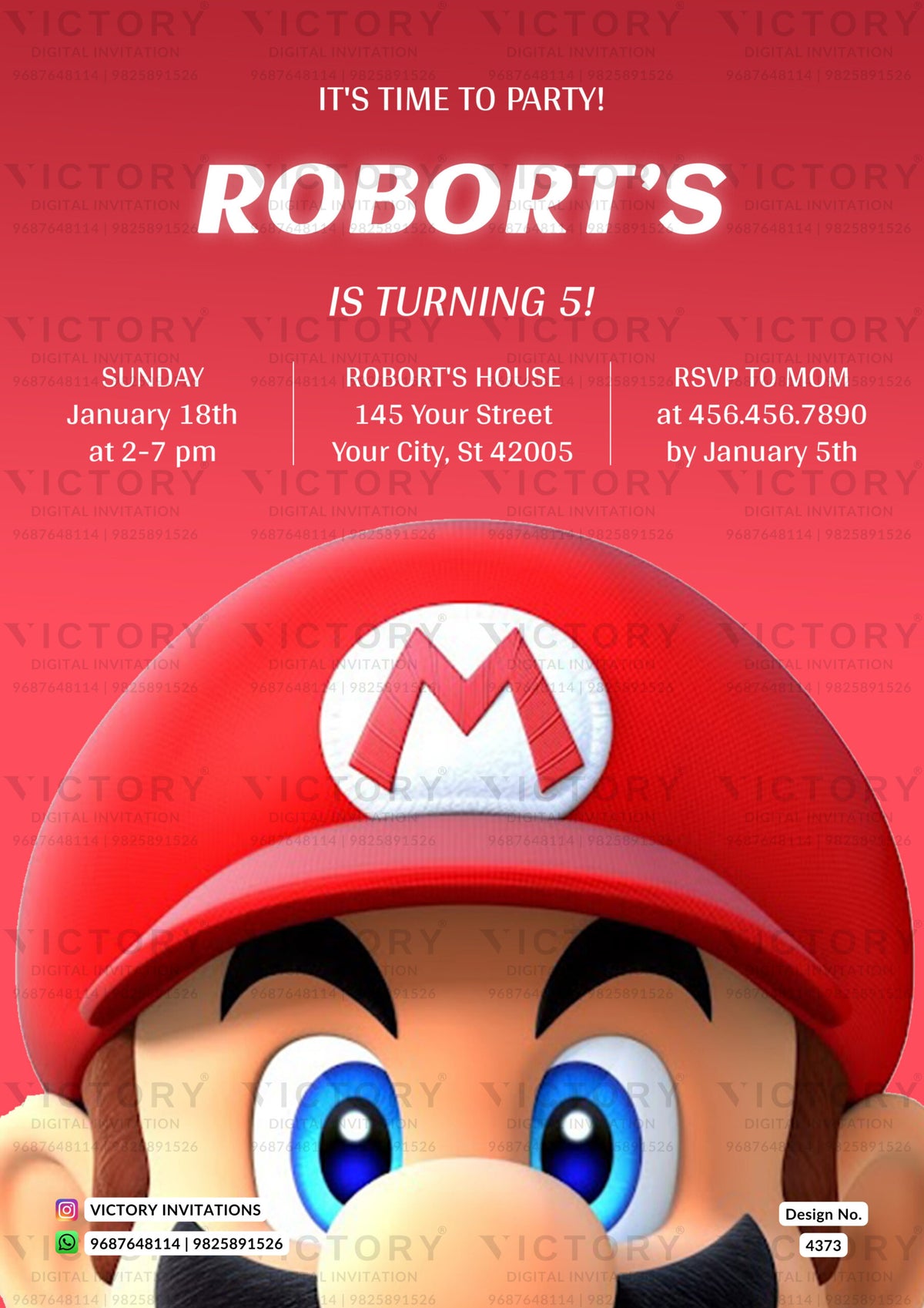 Birthday party invitation card for boy in english language with maryo as minimalistic theme design 4373