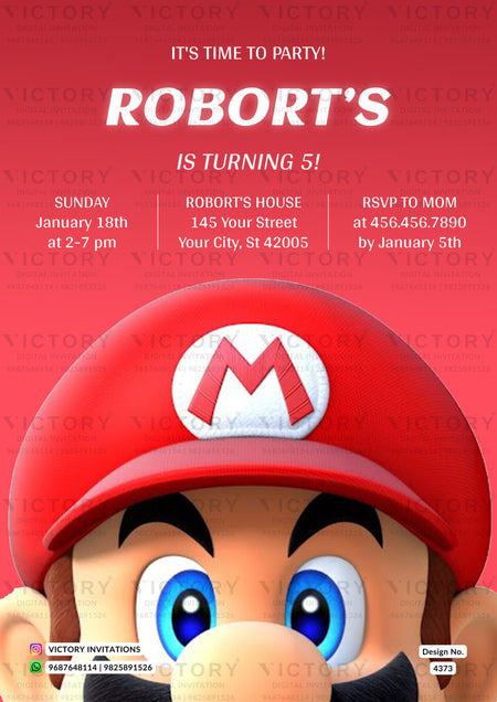 Birthday party invitation card for boy in english language with maryo as minimalistic theme design 4373
