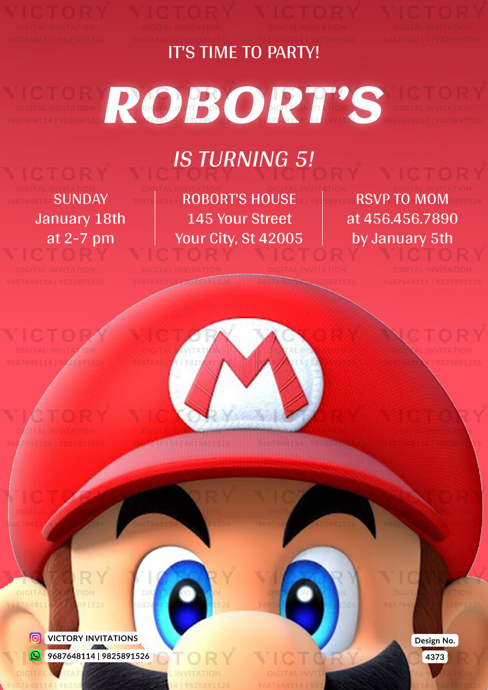 Birthday party invitation card for boy in english language with maryo as minimalistic theme design 4373