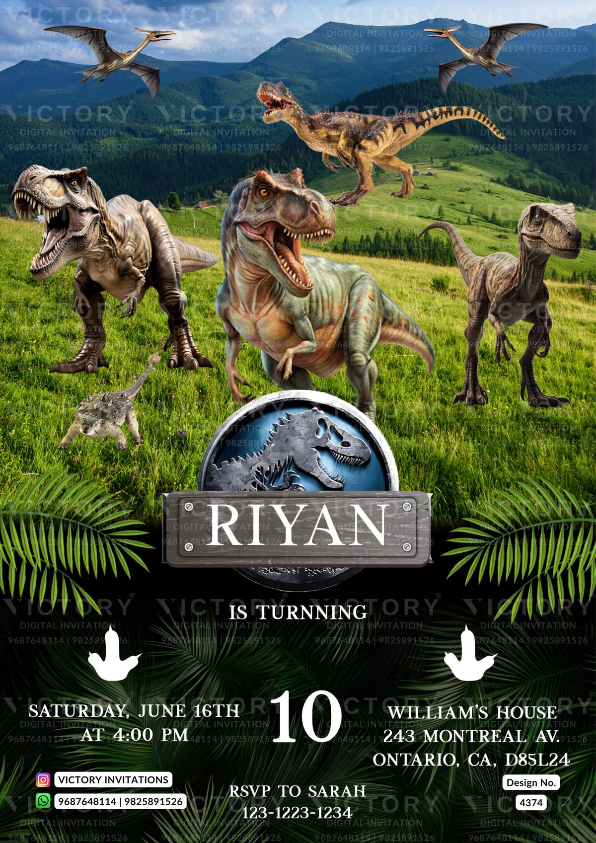 Birthday party invitation card for boy in english language with Dinosaur, leaves as forest theme design 4374