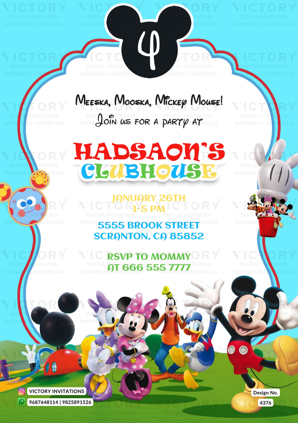 Birthday party invitation card for girl and boy in english language with grass, frame as cartoonish theme design 4376