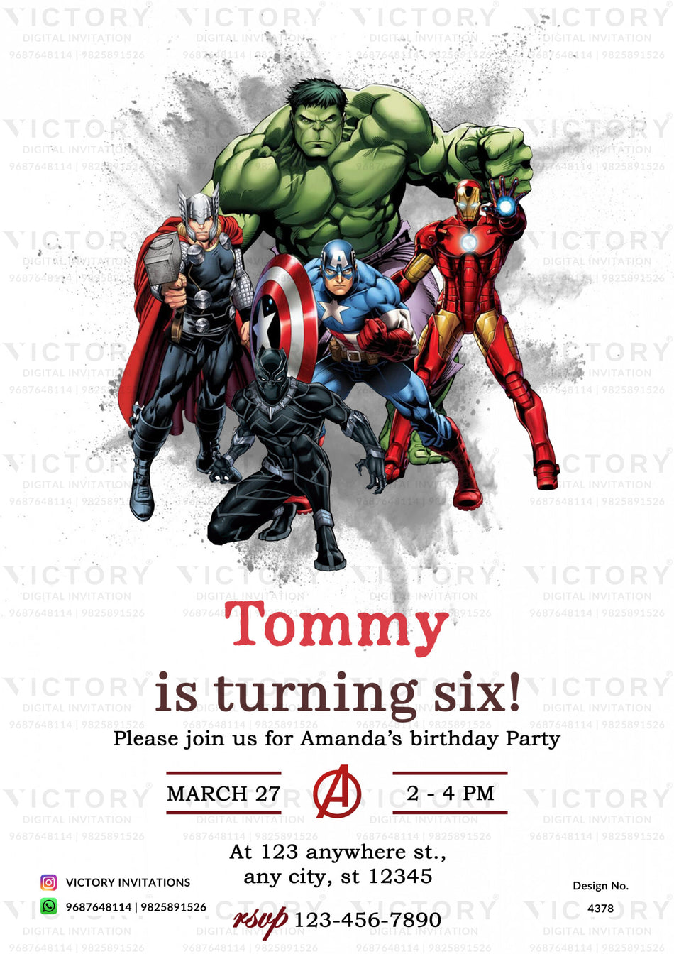Birthday party invitation card for boy in english language with avengers theme design 4378