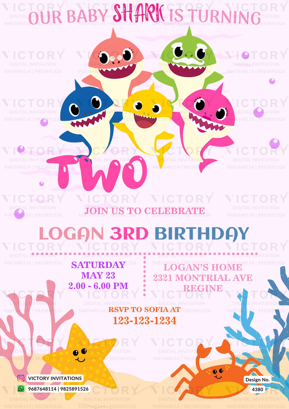 Birthday party invitation card for girl in english language with crab, fish, star as baby shark theme design 4380