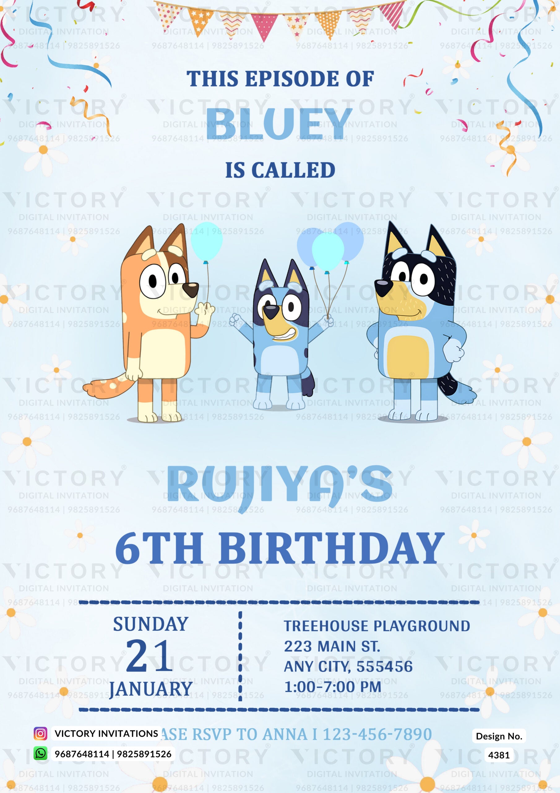 Birthday party invitation card for girl in english language with cartoon, ribbon as floral theme design 4381