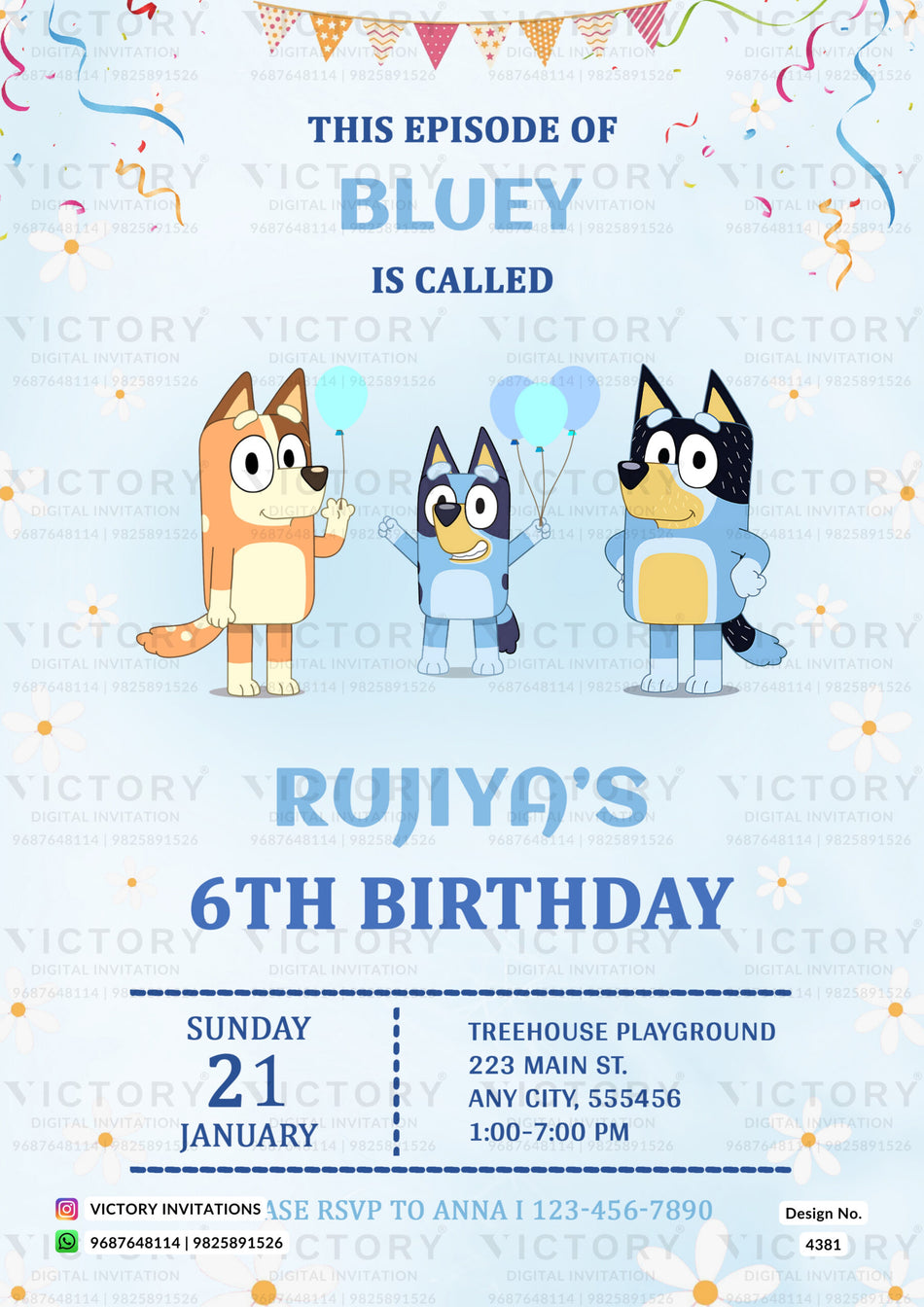 Birthday party invitation card for girl in english language with cartoon, ribbon as floral theme design 4381