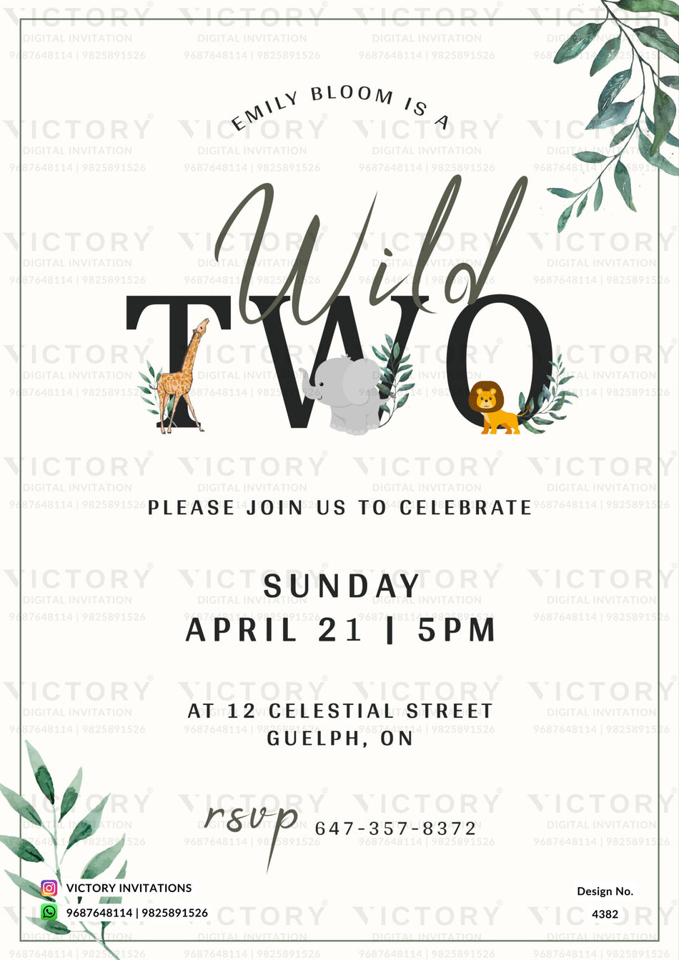 Birthday party invitation card for girl and boy in english language with leaves as minimalistic theme design 4382