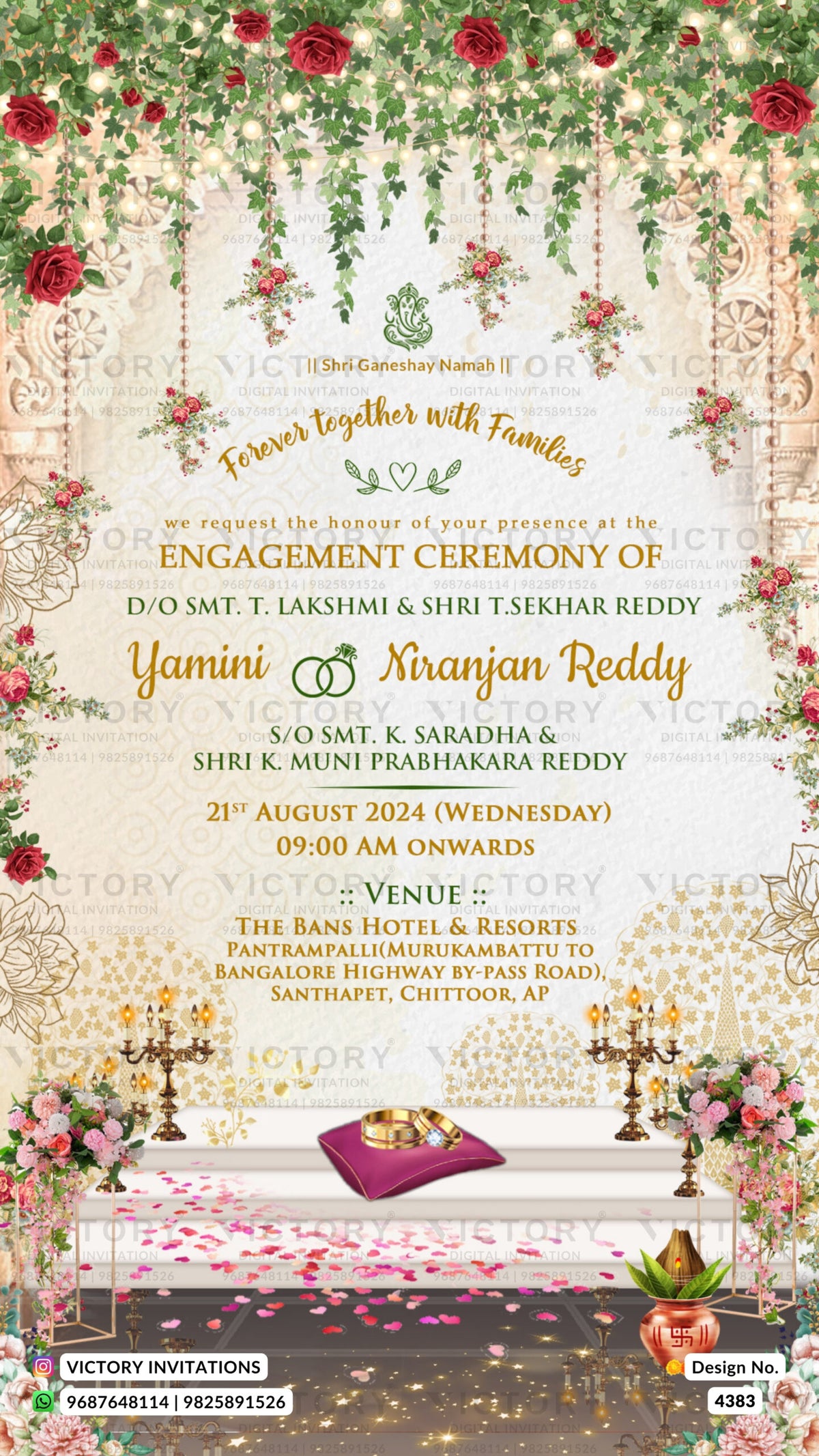 Engagement ceremony invitation card in english language with ring, kalash, string light as floral theme design 4383