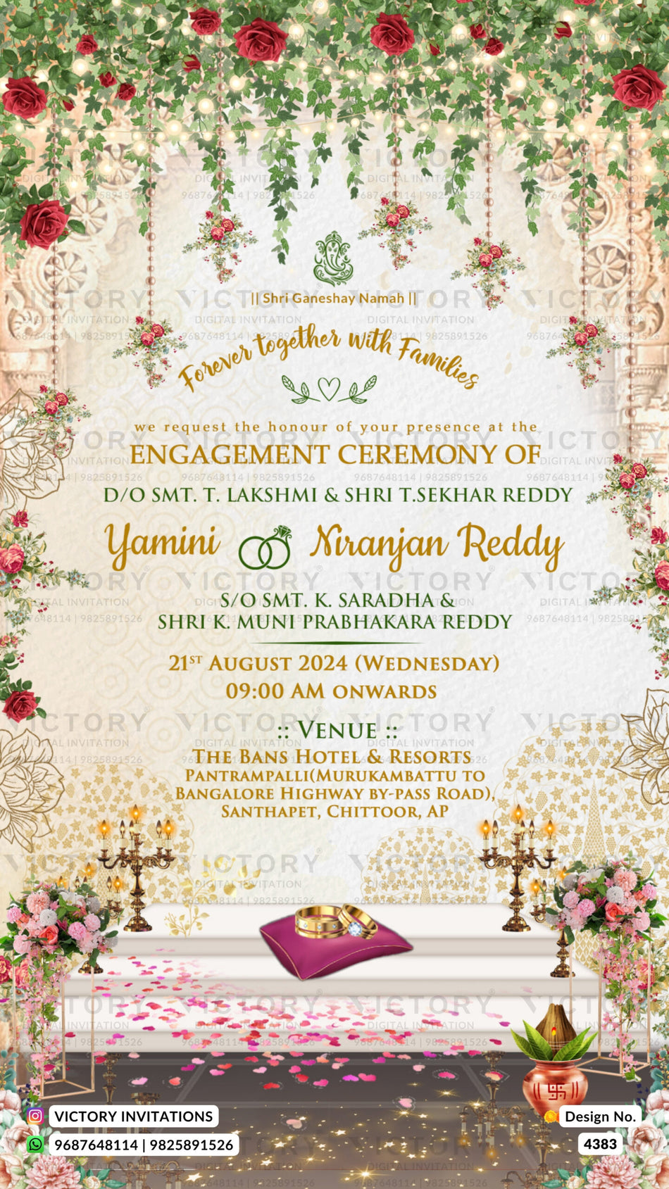 Engagement ceremony invitation card in english language with ring, kalash, string light as floral theme design 4383