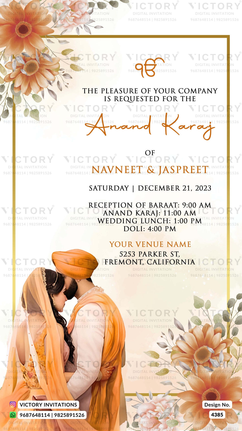 Wedding ceremony invitation card of hindu punjabi sikh family in English language with floral theme design 4385