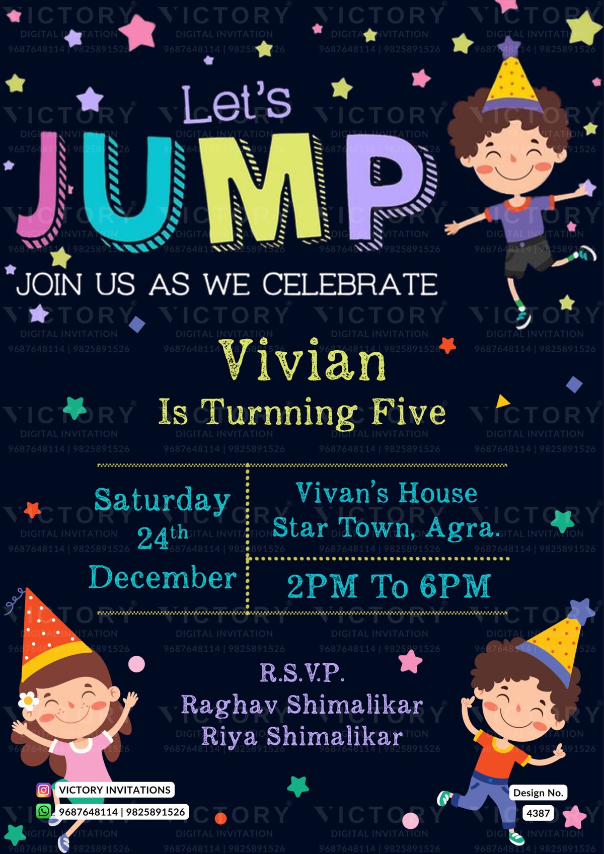 Birthday party invitation card for girl and boy in english language with star, doodle as cartoonish theme design 4387