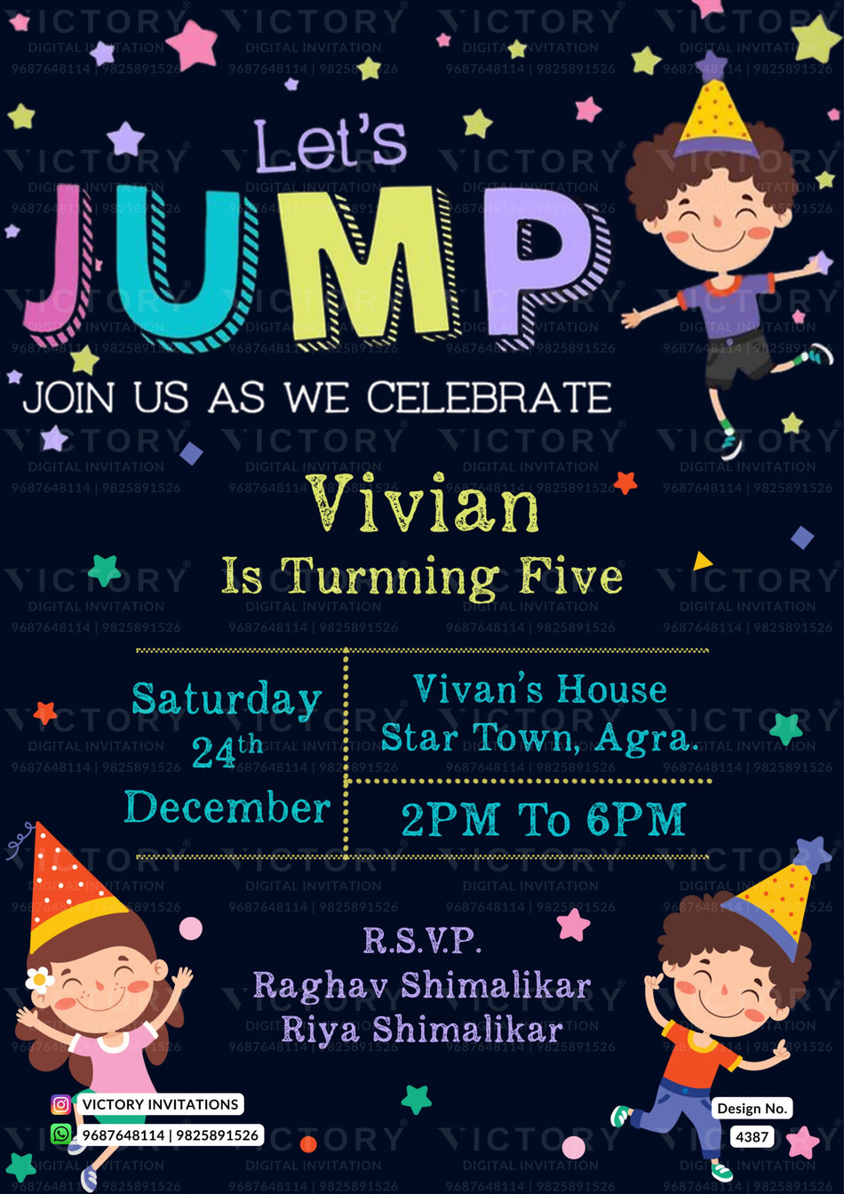 Birthday party invitation card for girl and boy in english language with star, doodle as cartoonish theme design 4387