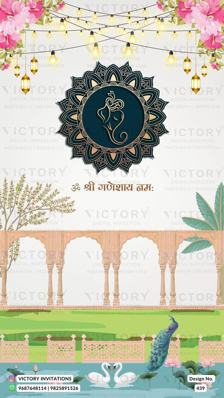 Adorable couple caricature invitation card for wedding ceremony of hindu west bengal bengali family in english language with Lake View love story theme design 439
