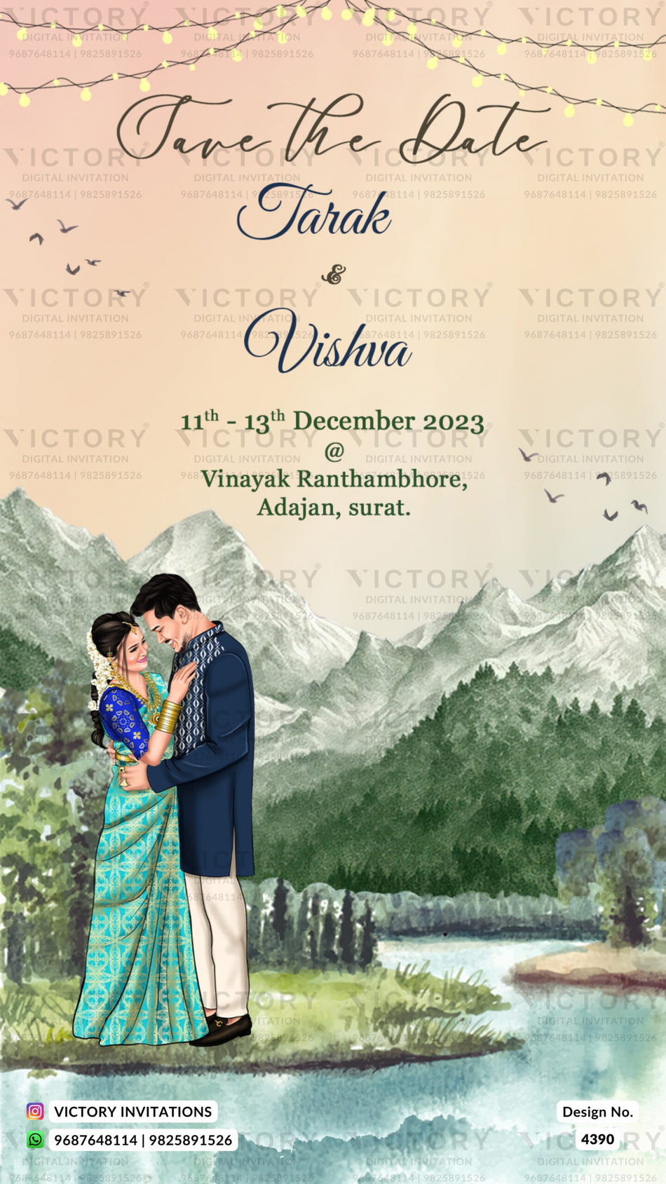 Romantic couple caricature invitation card for Save the Date in English language with tree, birds as mountain theme design 4390