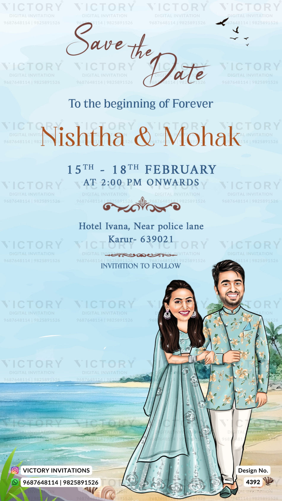 Traditional couple caricature invitation card for Save the Date in English language with birds, leaves as beach theme design 4392