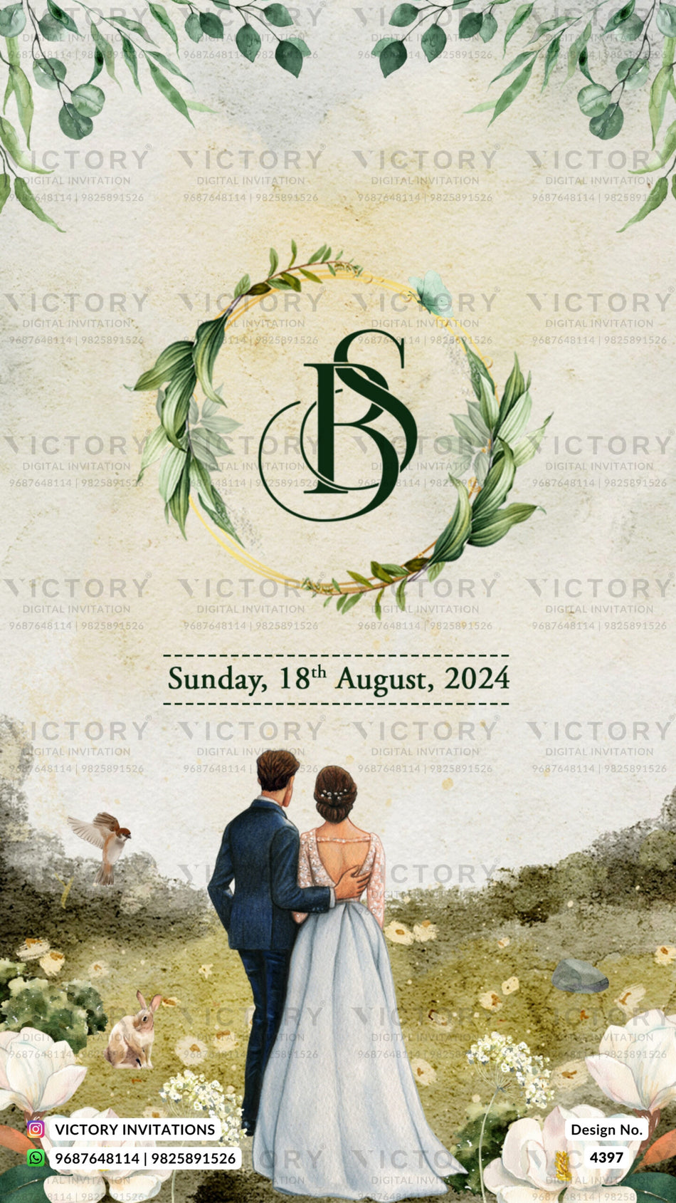 Engagement ceremony invitation card in english language with couple doodle, leaves, rabbit as garden theme design 4397