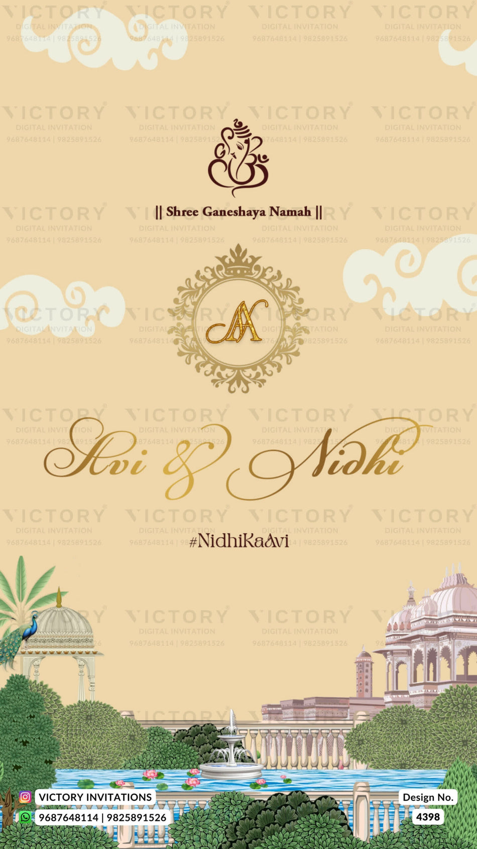 Wedding ceremony invitation card of hindu gujarati leuva family in english language with arch theme design 4398