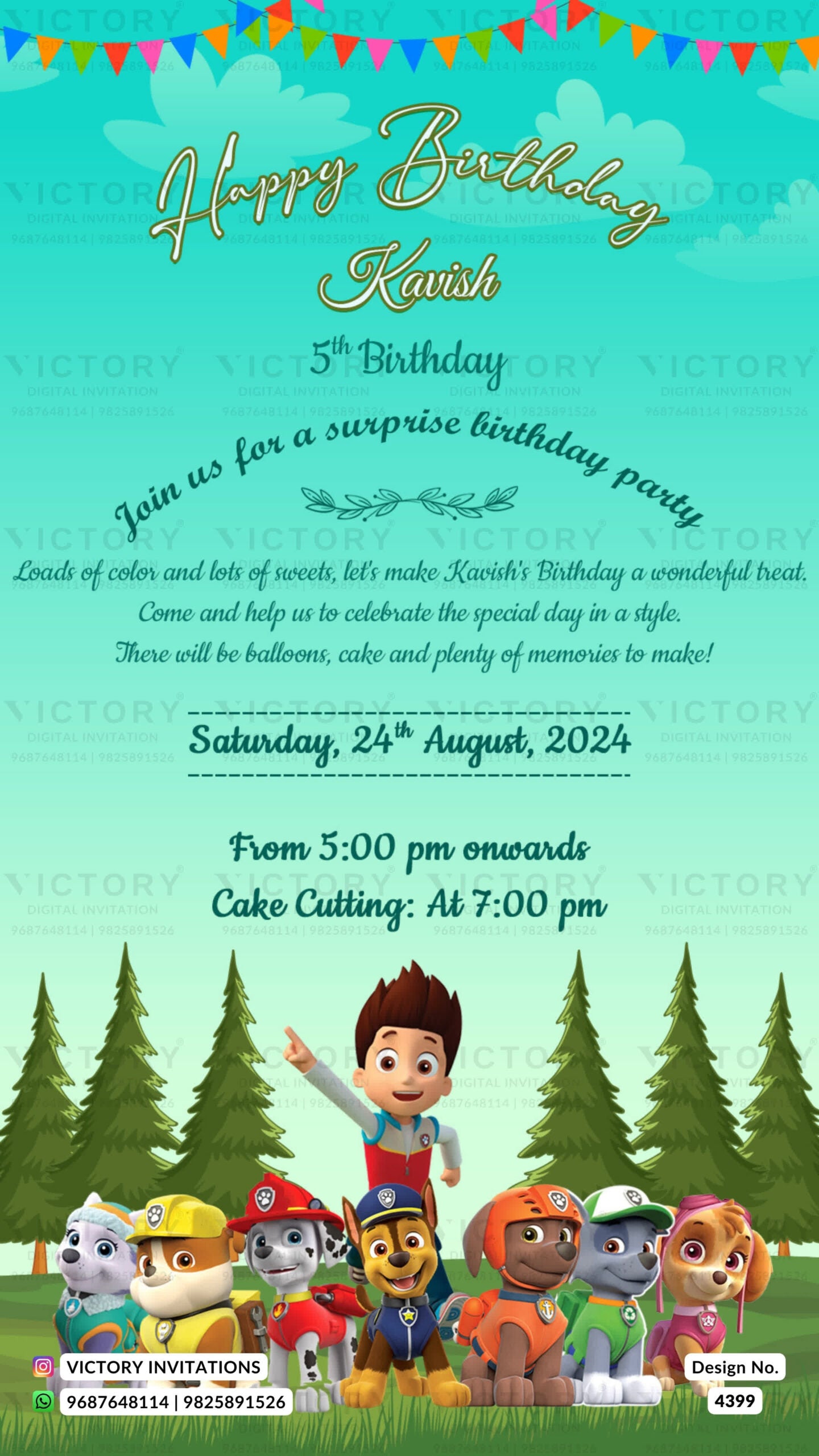 Birthday party invitation card for girl and boy in english language with balloon, house as beach theme design 4399