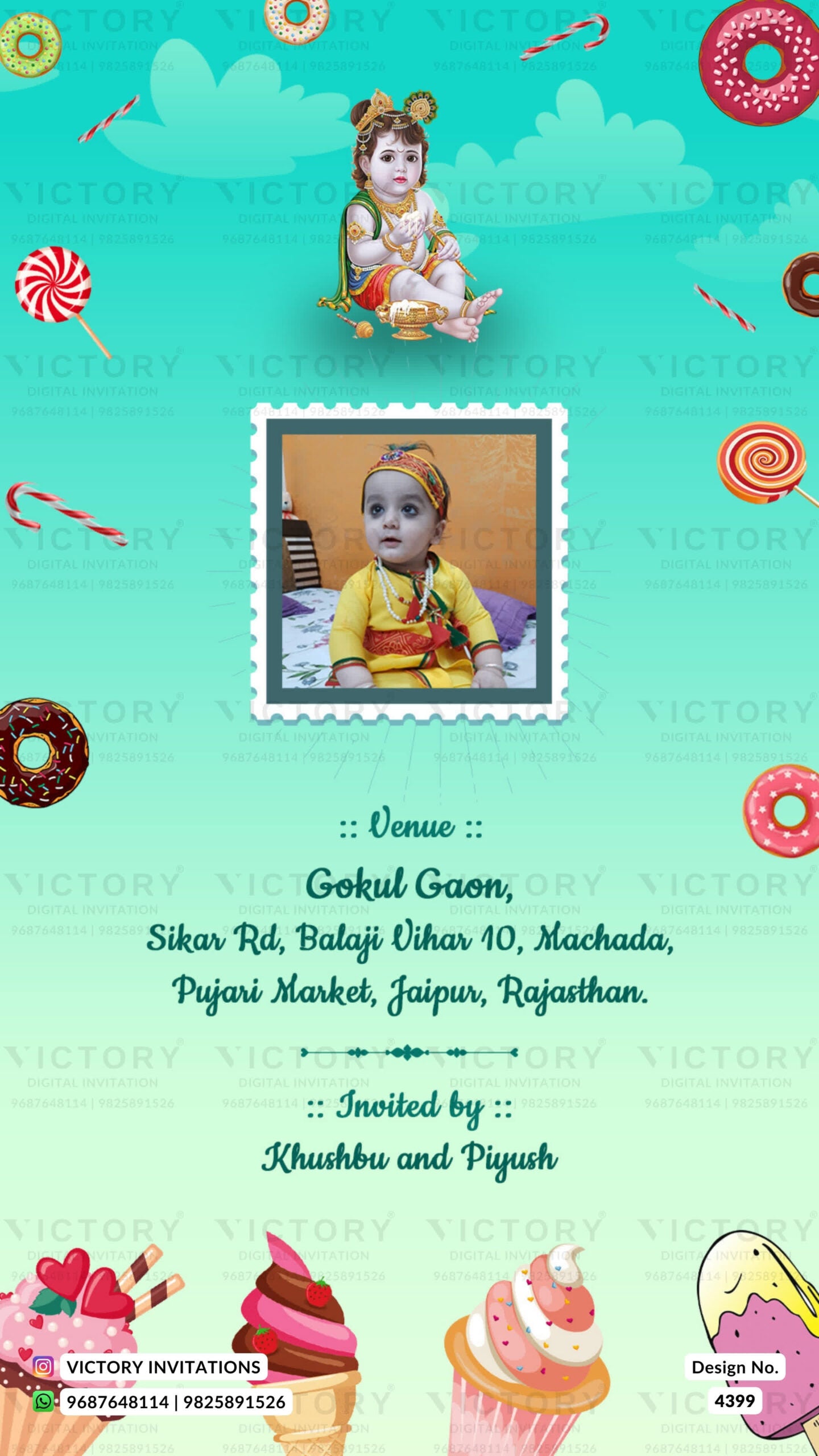Birthday party invitation card for girl and boy in english language with balloon, house as beach theme design 4399