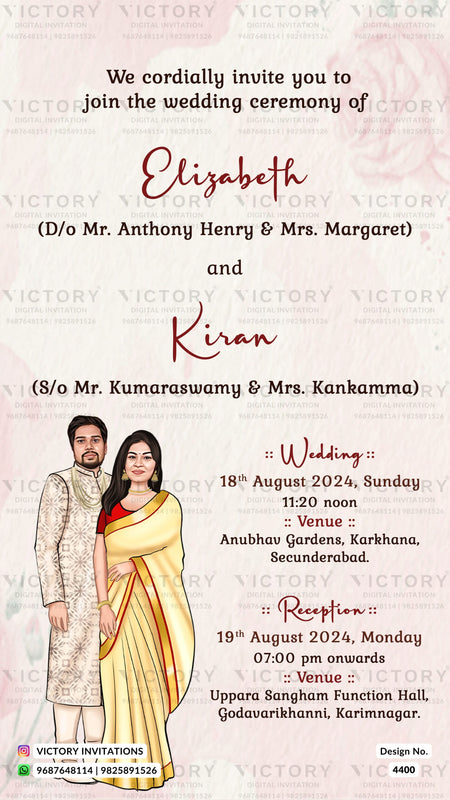 Suite and Saree couple caricature invitation card for wedding ceremony of south indian telugu family in english language with love story theme design 4400