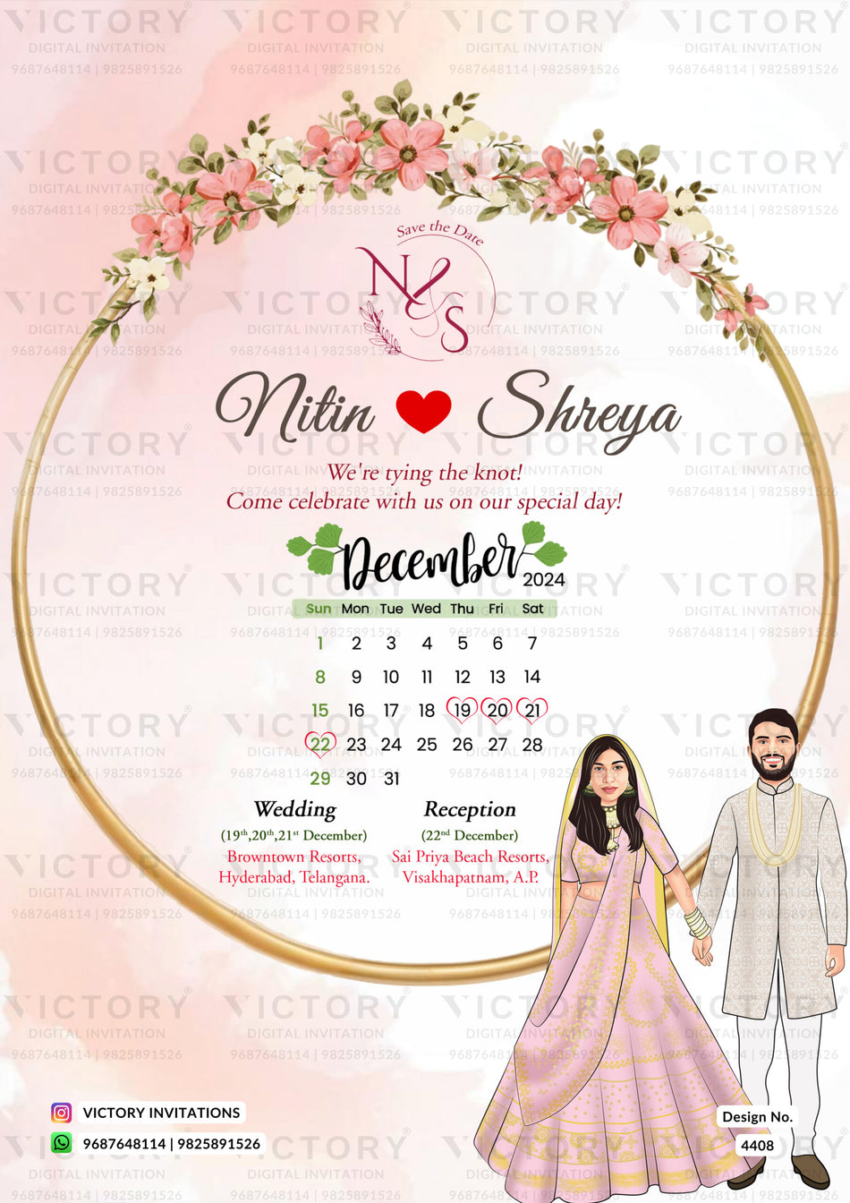 Traditional couple caricature invitation card for Save the Date in English language with flowers, frame as minimalistic theme design 4408