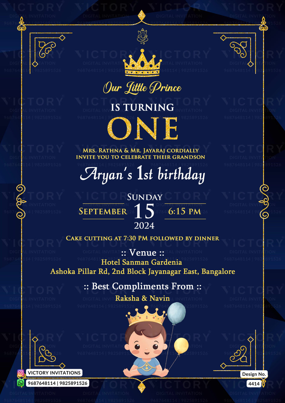 Birthday party invitation card for girl and boy in english language with balloon, baby doodle as minimalistic theme design 4414