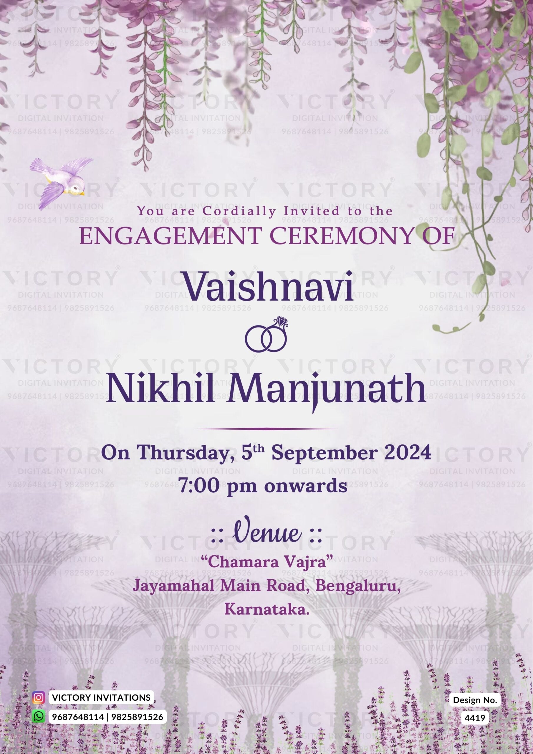 Engagement ceremony invitation card in english language with birds as floral theme design 4419