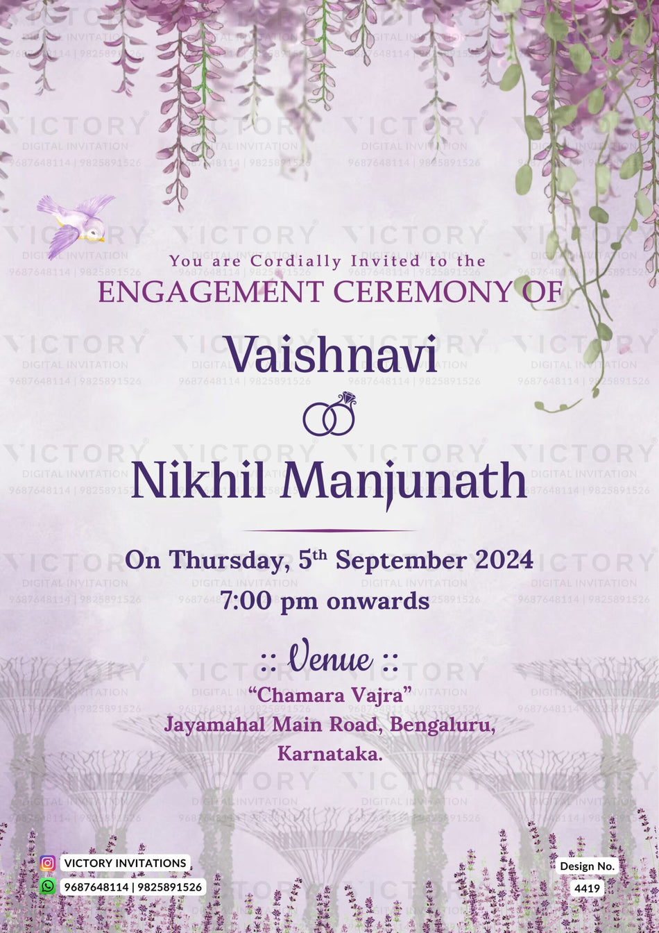 Engagement ceremony invitation card in english language with birds as floral theme design 4419