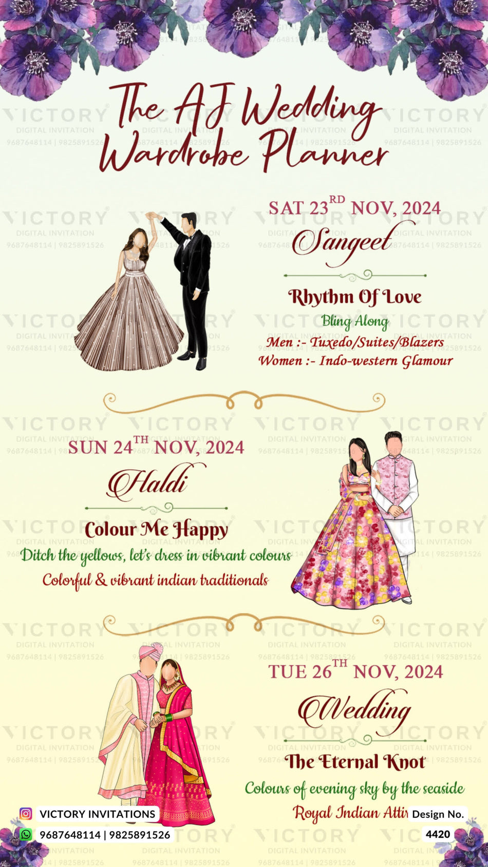 Wardrobe planner invitation card in english language with couple doodle as floral theme design 4420