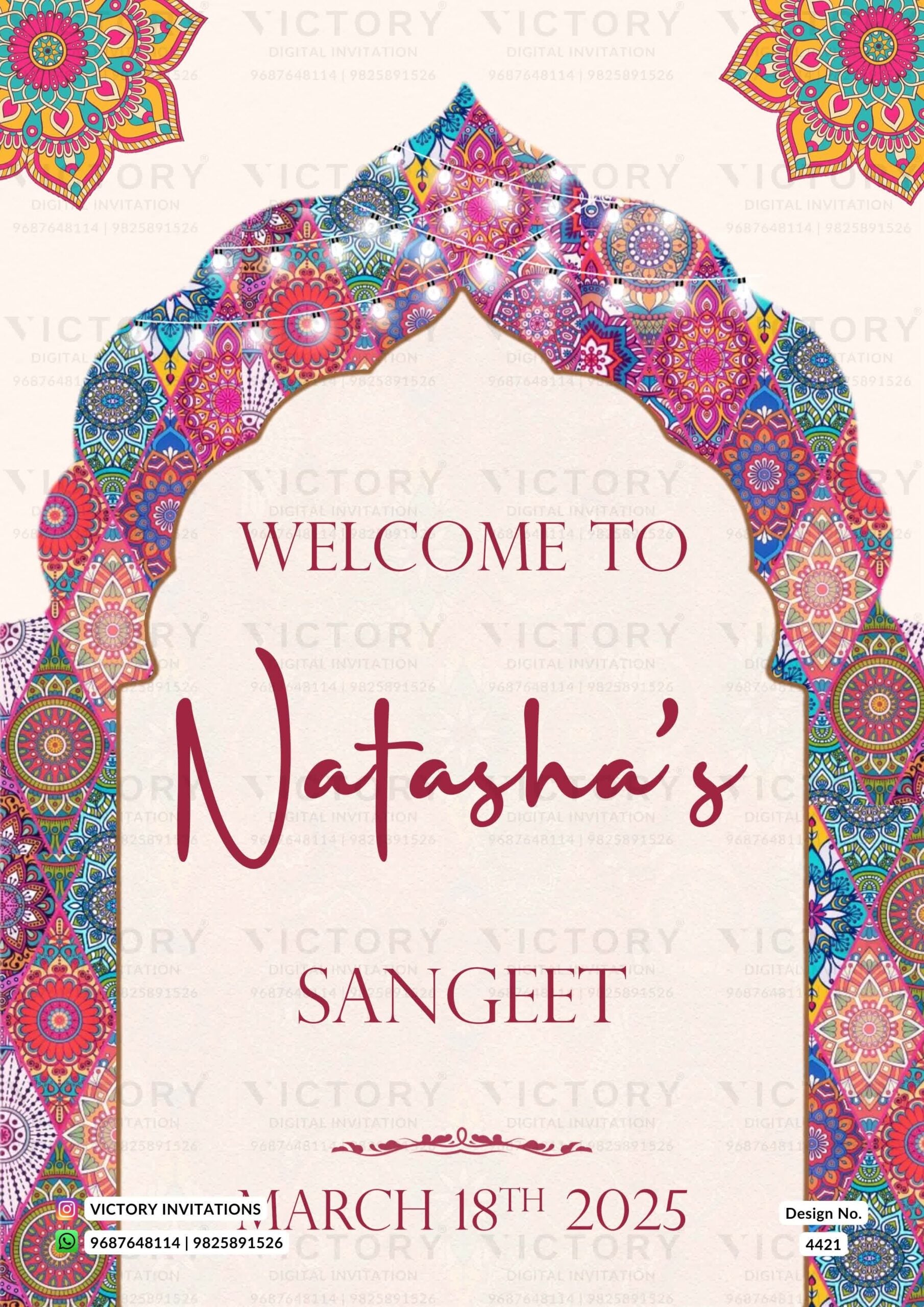 Sangeet Sandhya Welcome Standee design in english language with string light, mandala as arch theme design 4421