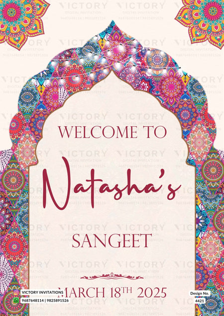 Sangeet Sandhya Welcome Standee design in english language with string light, mandala as arch theme design 4421
