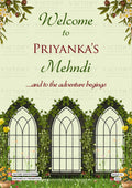 Mehendi Welcome Standee design in english language with gate as garden theme design 4422