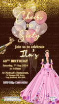 Stylish couple caricature invitation card for Girl Birthday party in English language with balloon, bottle as glittery theme design 4424