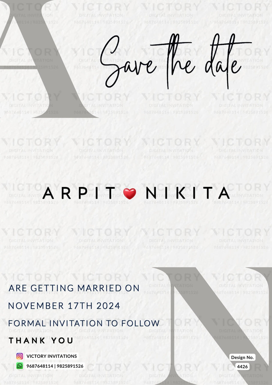 Save the Date card in english language with heart as minimalistic theme design 4426