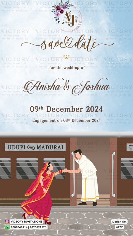 Save the Date card in english language with train, couple doodle as bollywood theme design 4427