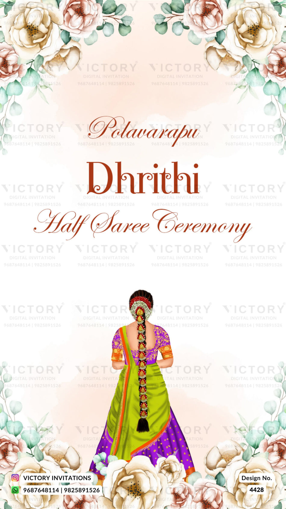 Half Saree ceremony invitation card in english language with floral theme design 4428