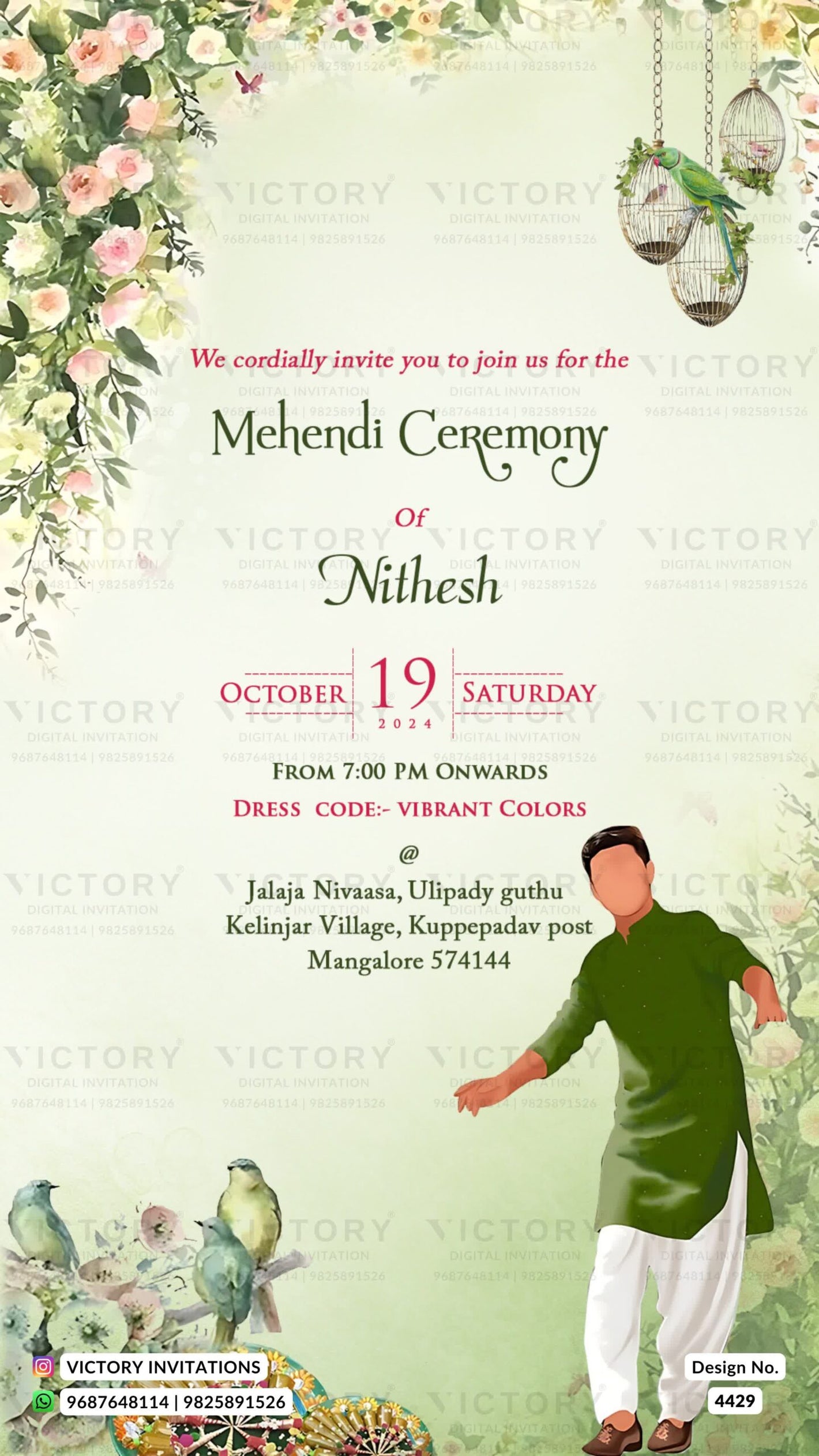 Mehendi ceremony invitation card in english language with birds, boy doodle as floral theme design 4429