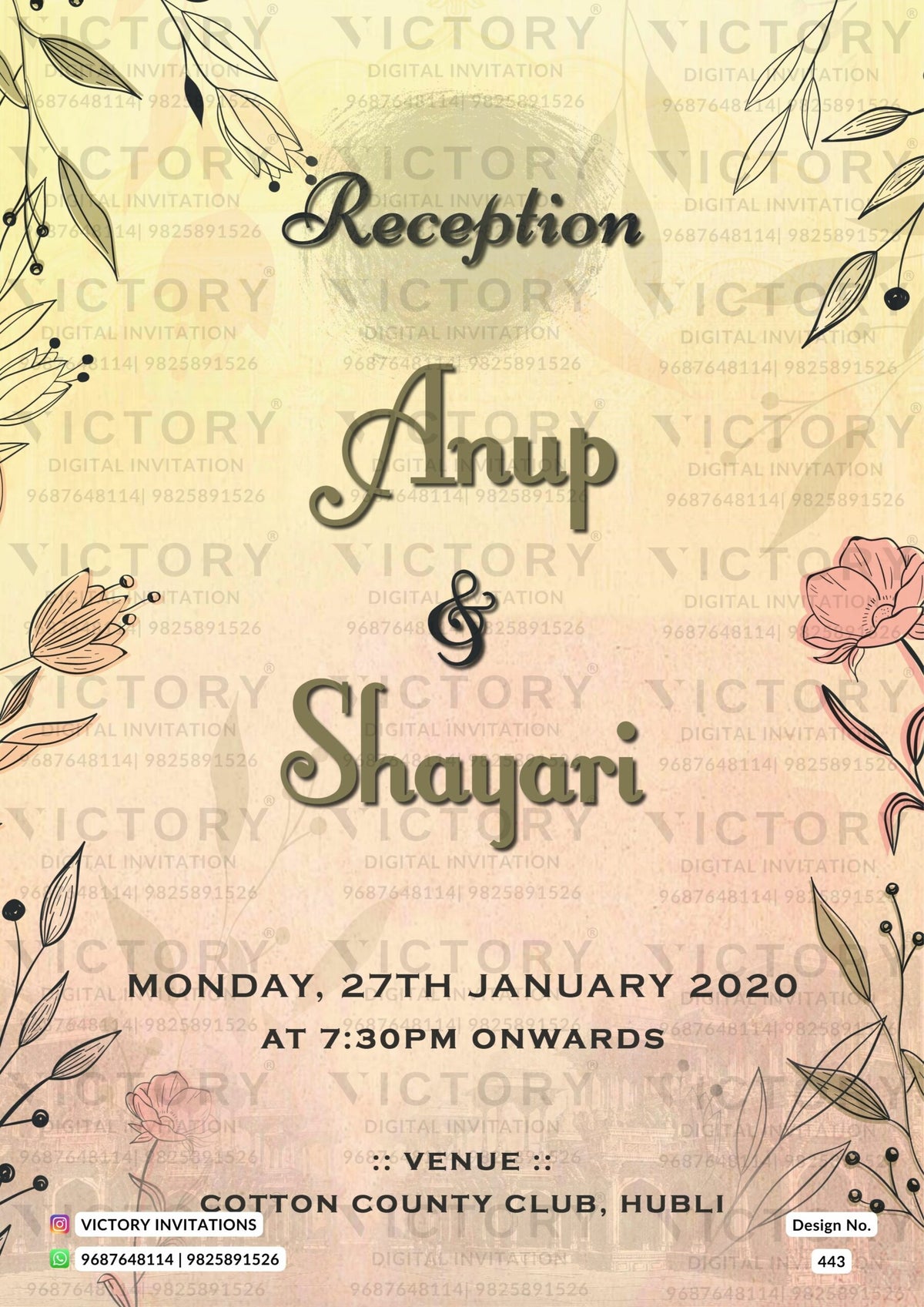 Reception Party invitation card in english language with leaves, as minimalistic theme design 443