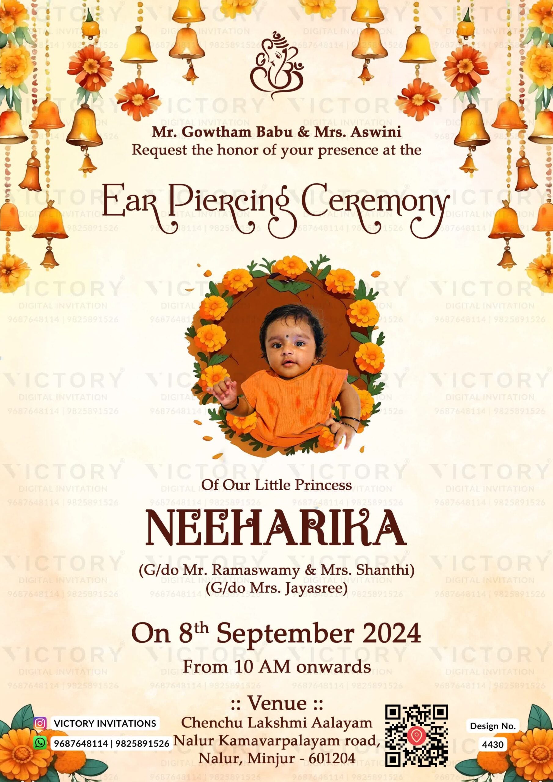 Ear Piercing ceremony invitation card in english language with bells, leaves as floral theme design 4430