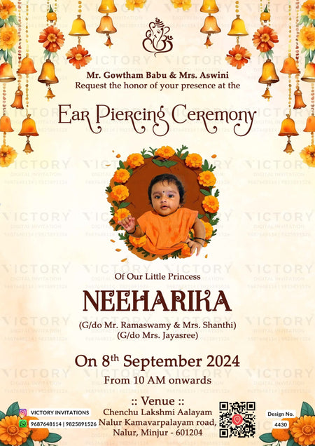 Ear Piercing ceremony invitation card in english language with bells, leaves as floral theme design 4430