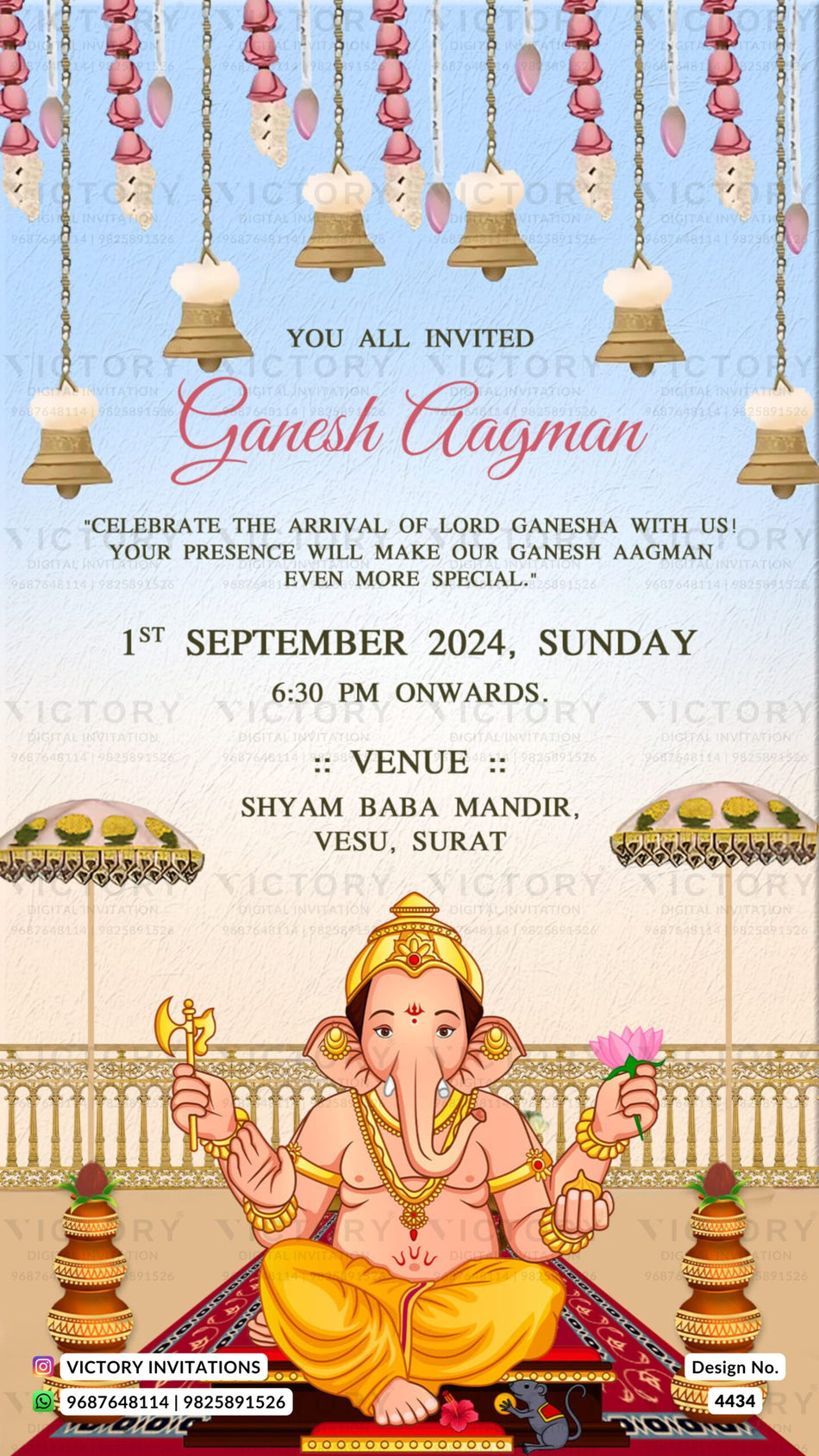Ganesh Aagman Ceremony invitation card in english language with bells, gangati, fence as traditional theme design 4434