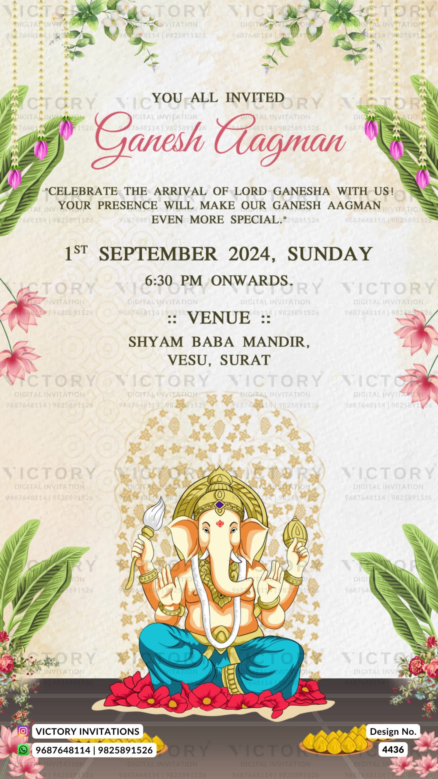 Ganesh Aagman Ceremony invitation card in english language with banana leaves, ganpati as floral theme design 4436