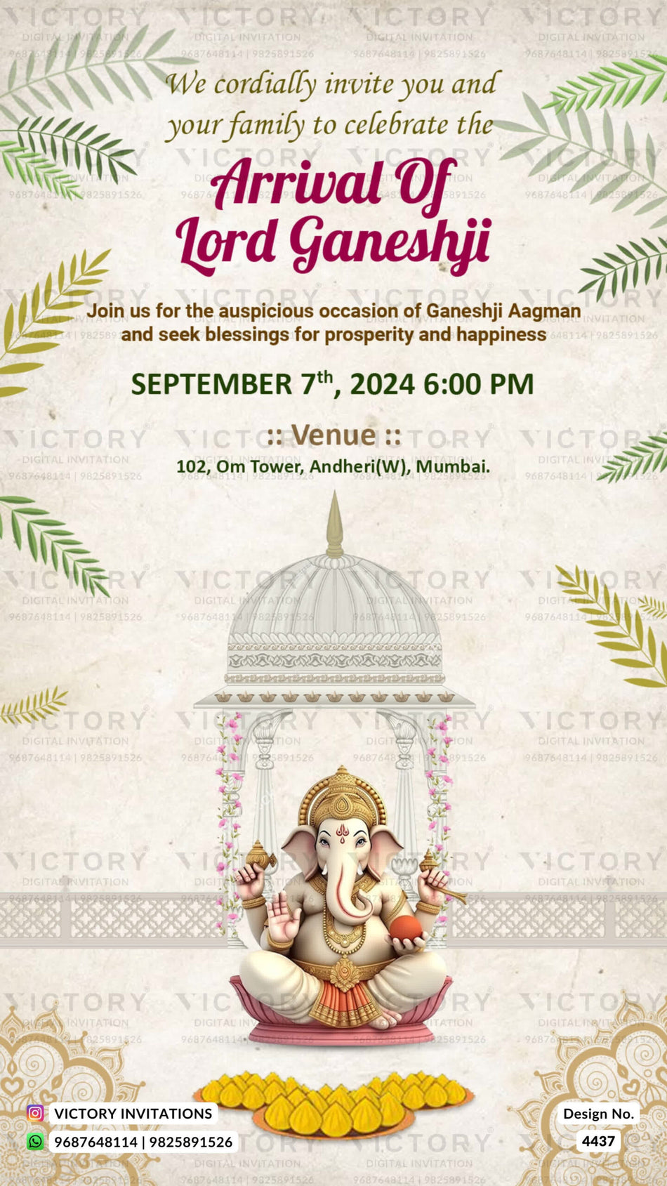 Ganesh Aagman Ceremony invitation card in english language with temple, fence as traditional theme design 4437