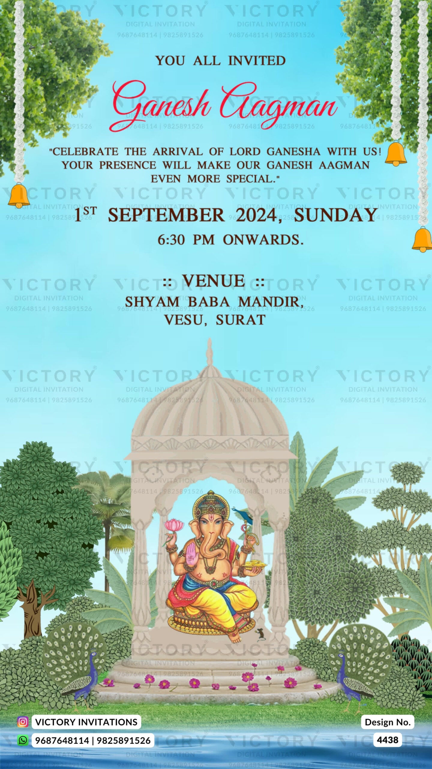 Ganesh Aagman Ceremony invitation card in english language with peacock, tree, temple as garden theme design 4438
