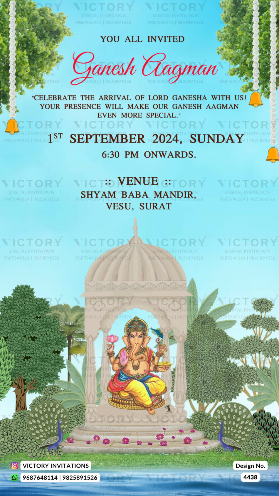 Ganesh Aagman Ceremony invitation card in english language with peacock, tree, temple as garden theme design 4438