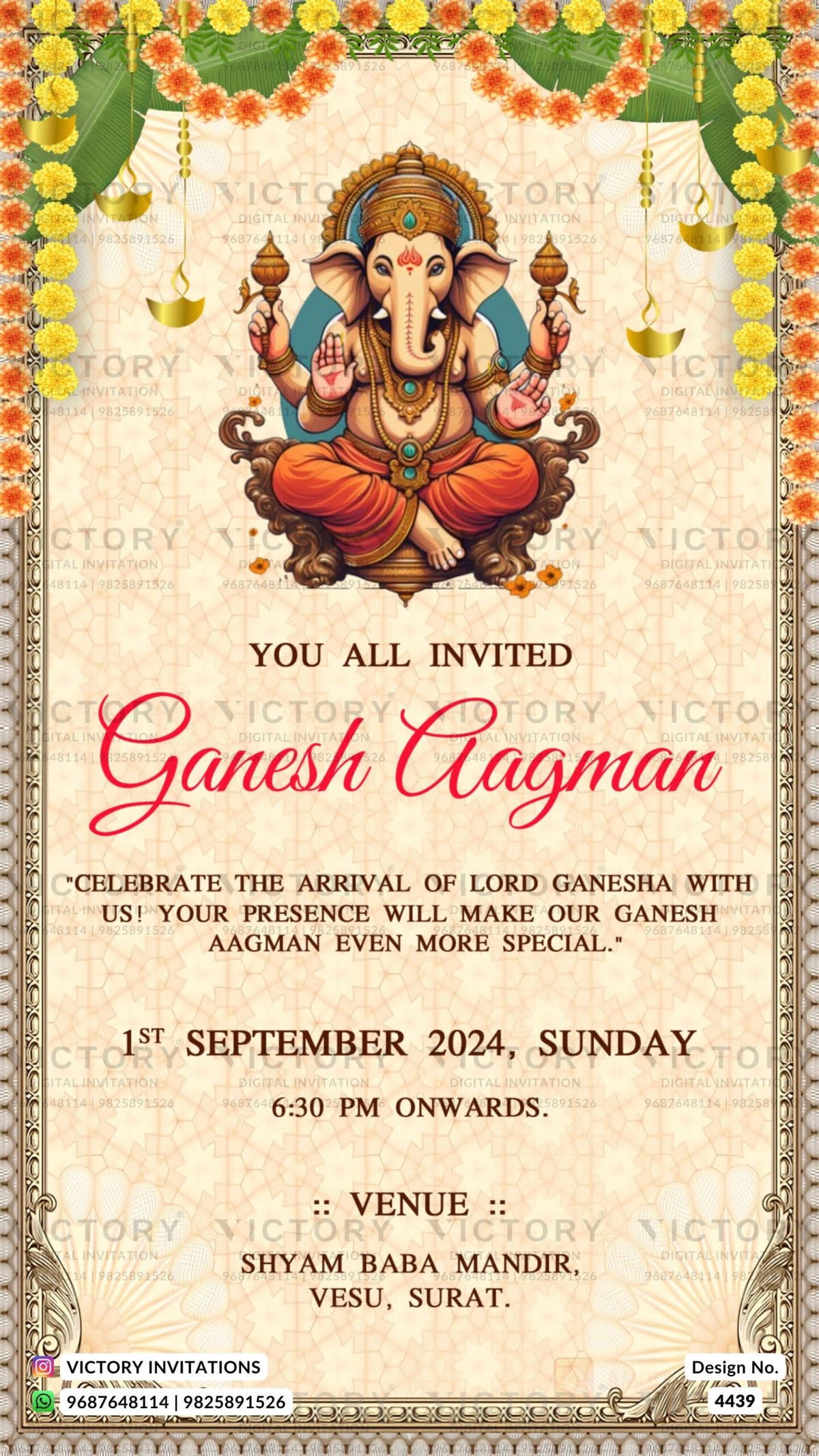 Ganesh Aagman Ceremony invitation card in english language with goledn frame, leaves as vintage theme design 4439