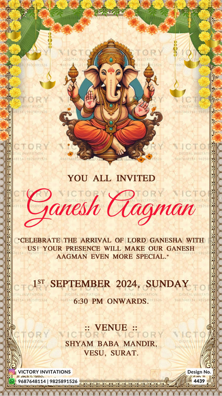 Ganesh Aagman Ceremony invitation card in english language with goledn frame, leaves as vintage theme design 4439