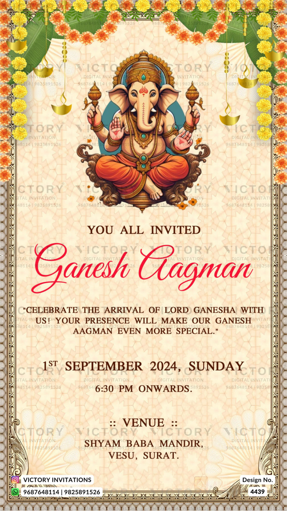 Ganesh Aagman Ceremony invitation card in english language with goledn frame, leaves as vintage theme design 4439