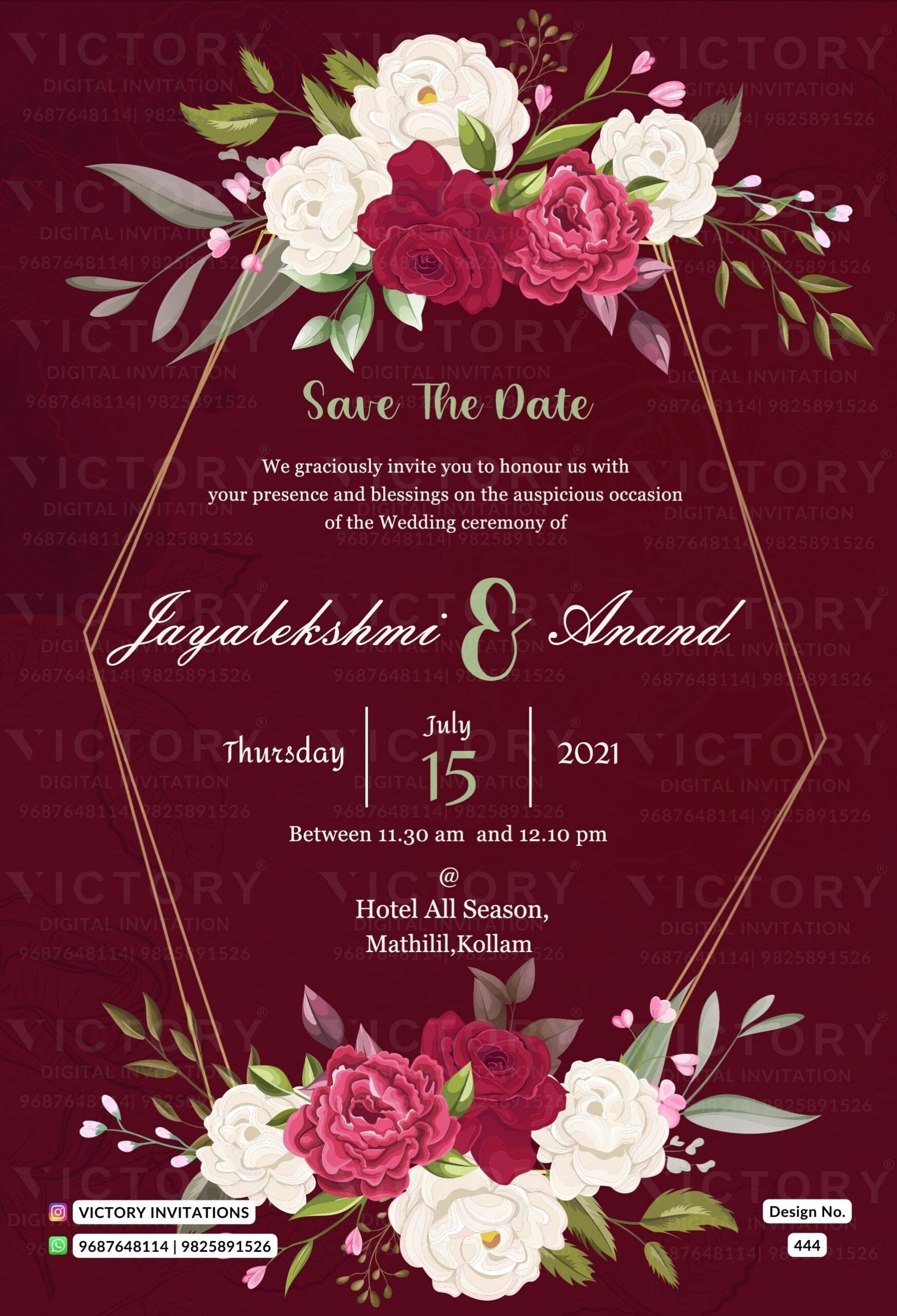Save the Date card in english language with flowers as floral theme design 444