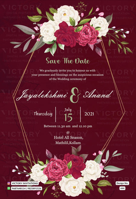 Save the Date card in english language with flowers as floral theme design 444